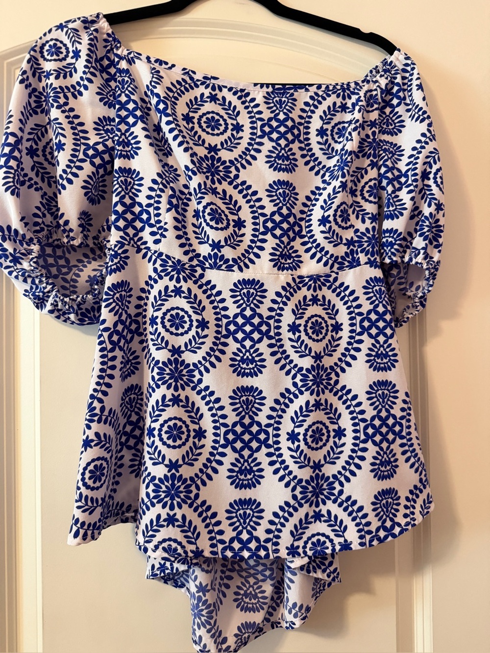 Women's White and Blue Printed Off-Shoulder Open Tie Back Top